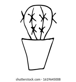 Single cactus in a pot.  Drawing with a black pen. Hand drawing on a white background.Houseplant. Linear drawing, home decor. Doodle style.