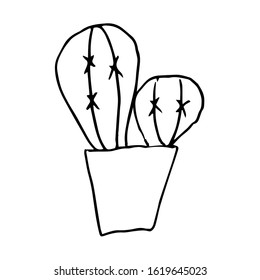Single cactus in a pot.  Drawing with a black pen. Hand drawing on a white background.Houseplant. Linear drawing, home decor. Doodle style.