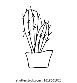 Single cactus in a pot.  Drawing with a black pen. Hand drawing on a white background.Houseplant. Linear drawing, home decor. Doodle style.