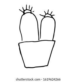 Single cactus in a pot. Lithops. Black pen drawing. Hand drawing on white background.Houseplant. Line drawing, home decor. Doodle style. 