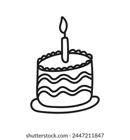 Single cake with candles. Hand drawn doodle vector illustration