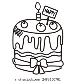 Single cake with candles. Hand drawn doodle vector illustration