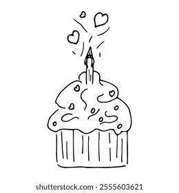 A single cake, a cupcake, a cake with candles. A vector illustration drawn by hand. A festive design element.