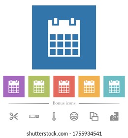 Iconos blancos planos de un solo calendario en fondos cuadrados. 6 iconos de bonificación incluidos.