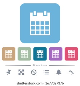 Iconos planos blancos de un solo calendario en fondos cuadrados redondeados de color. 6 iconos de bonificación incluidos