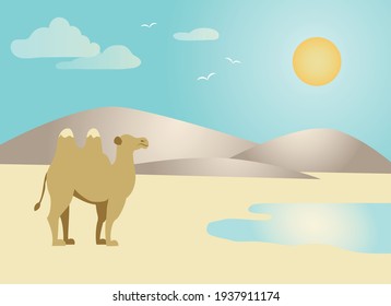 Single camel in desert with yellow sand, brown hills, blue water and yellow sun on blue sky