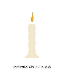 Single candle with fire on a white background with molten wax at the base. Vector simple illustration in cartoon style.