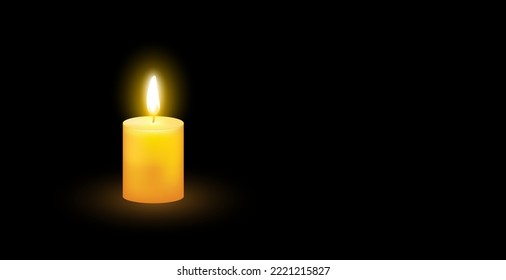 Single candle light and flame on a black background with space for text. Candle light composition different rituals. Memory day. Vector EPS10.