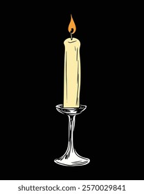 A single candle, lit, stands in a candlestick against black background. hand-drawn illustration