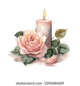 Single candle and rose flower in watercolor