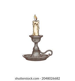 Single candle standing in simple vintage candlestick with handle, flat vector illustration isolated on white background. Old history antique candlestick.