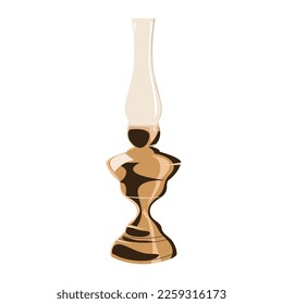 Single candle standing in simple vintage candlestick with handle, flat vector illustration isolated on white background. Old history antique candlestick.