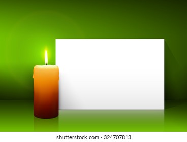 Single Candle with White Paper Panel on Green Background - Advent, Christmas Greeting Card Template with Free Space for Wishes. First Candle for Christmas Season.