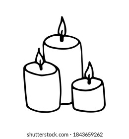 Single candles icon.  Сoncept cozy home, hygge. Hand drawn vector illustration in doodle style outline drawing isolated on white background.