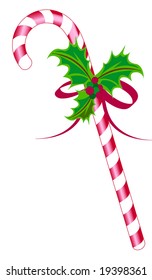 Single candy cane tied with holly