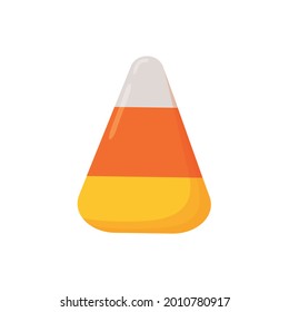 Single Candy Corn Isolated On White Background. Halloween Sweet Treat. Most Popular Autumn Confectionery In USA. Vector Cartoon Illustration.