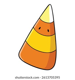 A single candy corn with traditional Halloween colors—bright yellow base, orange center, and white tip—iconic, festive, and perfect for spooky season treats!