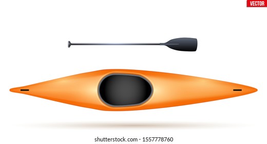 Single canoe and paddle for extreme water sports. Top view of Equipment whitewater slalom canoeing. Vector Illustration isolated on white background.