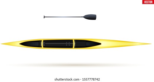 Single canoe and paddle for water sports. Top view of Equipment whitewater sprint canoeing. Vector Illustration isolated on white background.