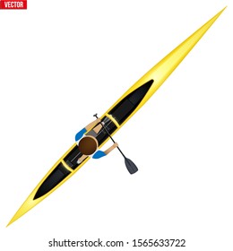 Single canoe and paddler. Top view of Equipment whitewater sprint canoeing. Vector Illustration isolated on white background.