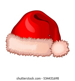 Single cap of Santa Claus with fluffy pompom isolated on white background. Attribute of the New year and Christmas. Vector cartoon close-up illustration.