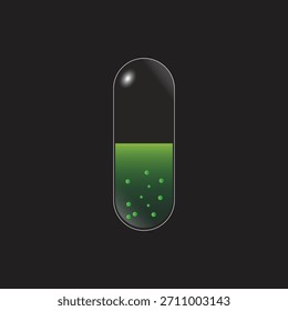 Una sola cápsula con una mitad superior transparente y un líquido verde con Pequeñas burbujas en la mitad inferior, colocadas sobre un fondo oscuro.