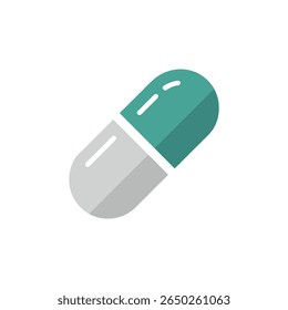 A single capsule shaped tablet is centrally featured, divided into teal and silver halves, presented in a simple isolated style for healthcare themes, with a transparent background.