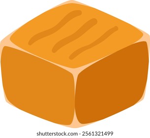 Single caramel candy cube with topping isolated on white background represents a delicious treat for those with a sweet tooth, offering a rich and chewy texture