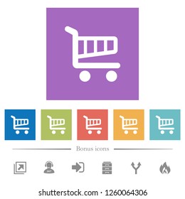 Single cart flat white icons in square backgrounds. 6 bonus icons included.