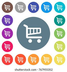 Single cart flat white icons on round color backgrounds. 17 background color variations are included.