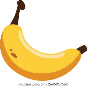 Uma única banana de desenho animado com uma casca amarela brilhante e pontas marrons, ideal para designs com tema de frutas, adesivos e conteúdo educacional.
