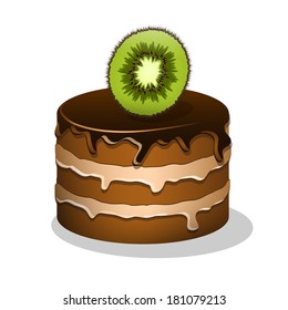 Single cartoon cake with piece of kiwi on the white background