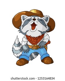 Single cartoon colored funny character american cowboy laughing raccoon. Children hand drawn picture sketch print sticker element coloration vector isolated on white background