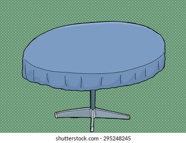Single cartoon round table with blue tablecloth over green
