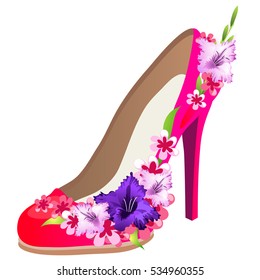 Single cartoon slipper pink color with decorations in the form of brightly colored buds of flowers isolated on a white background. Slipper of princess isolated on a white background. Vector closeup.