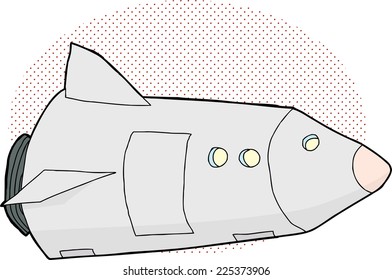 Single cartoon space rocket over halftone background