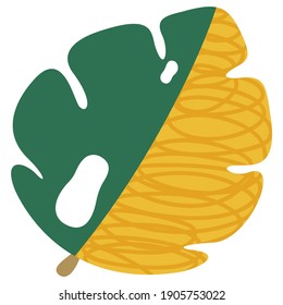 Single cartoon stylized leaf of Monstera Deliciosa, one half of which is green, the other is yellow with hatching on a white background. Vector.