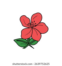 A single, cartoon-style illustration of a vibrant red flower with five petals, a dark brown center, and two green leaves. The background is a clean white.