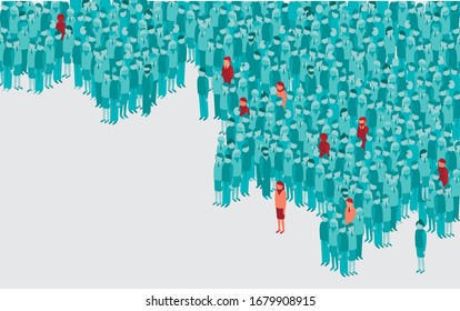 Single cases of  viral contamination in a huge crowd of healthy people. Vector illustration for coronavirus COVID-19 disease outbreak concept