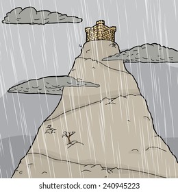Single castle on mountain summit in rain storm