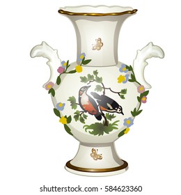 Single ceramic floor vase with Oriental ornaments isolated on a white background. Cartoon vector close-up illustration.
