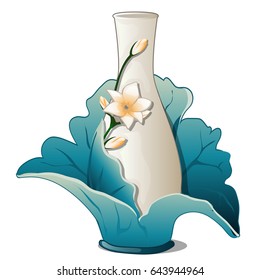 Single ceramic floor vase with oriental floral ornaments with flowers lilies isolated on white background. Vector cartoon close-up illustration.