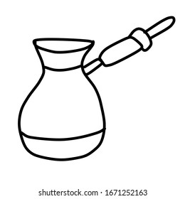 Single cezve for coffee. Element of the coffee set. Drawing in Doodle style. For design, menu, cafe, wrapping paper. 