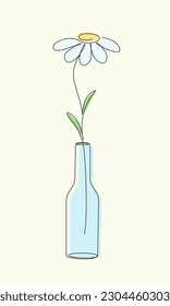 Single Chamomile Flower in a Vase. One Line floral doodle illustration. Template for greeting Card, invitation