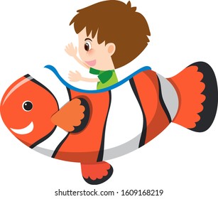Carácter único del niño y del pez payaso en la ilustración de fondo blanco