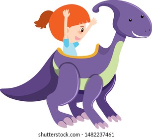 Single character of girl on dinosaur on white background illustration