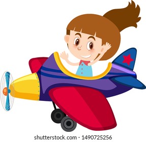 Single character of girl riding plane on white background illustration