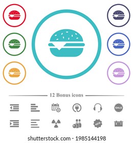Single cheeseburger flat color icons in circle shape outlines. 12 bonus icons included.