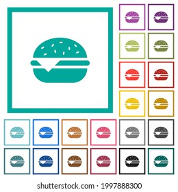 Single cheeseburger flat color icons with quadrant frames on white background