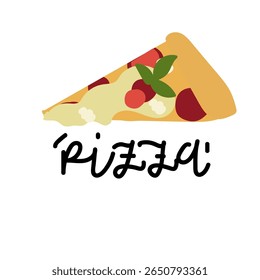 A single cheesy pizza slice with melting toppings, illustrated alongside bold hand-lettered text reading 'Pizza' — fun, flavorful, and inviting